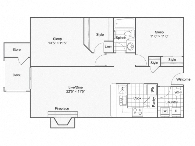 Floor plan for 2 beds, 1 bath, 912 sqft